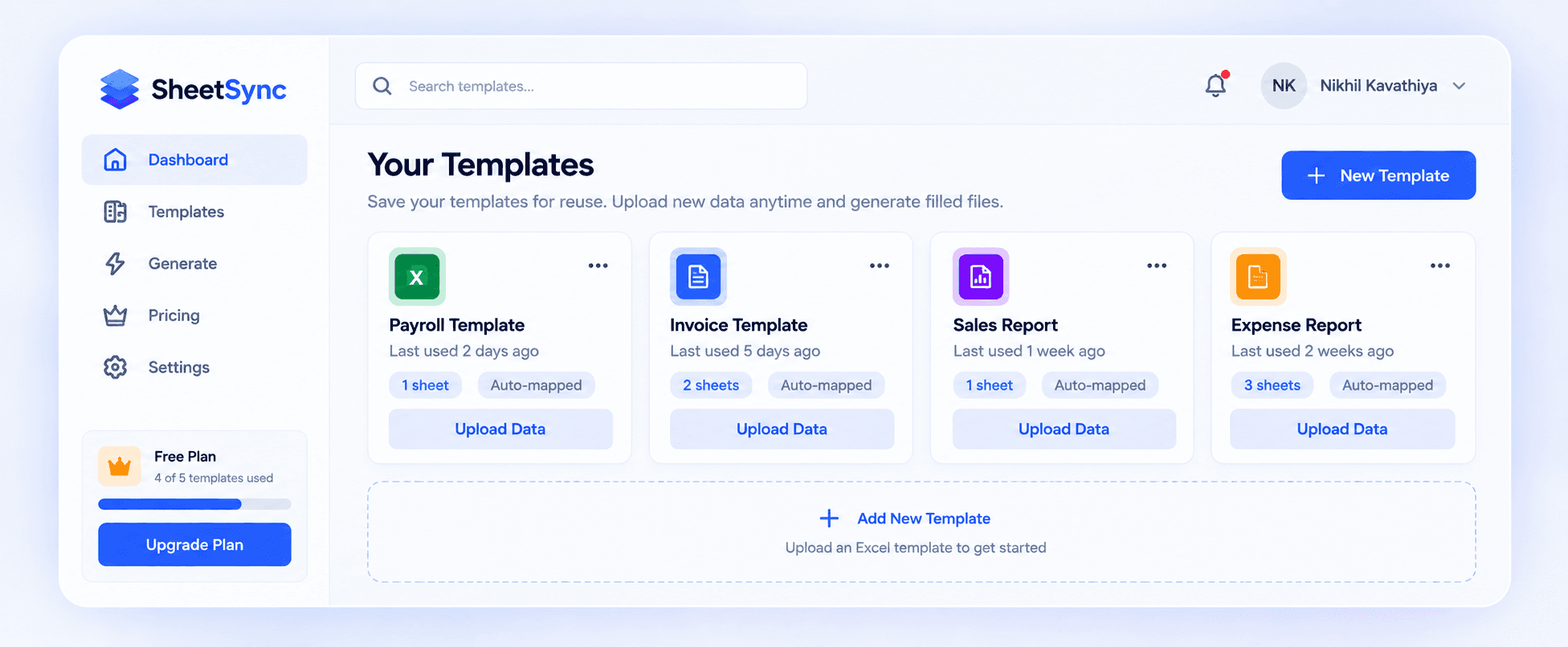 SheetSync dashboard showing saved templates ready to reuse